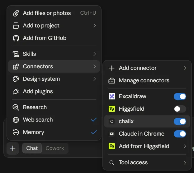 Claude Desktop: открыто меню «+» под полем ввода и подменю Connectors; в списке коннекторов «chalix» с включённым переключателем.