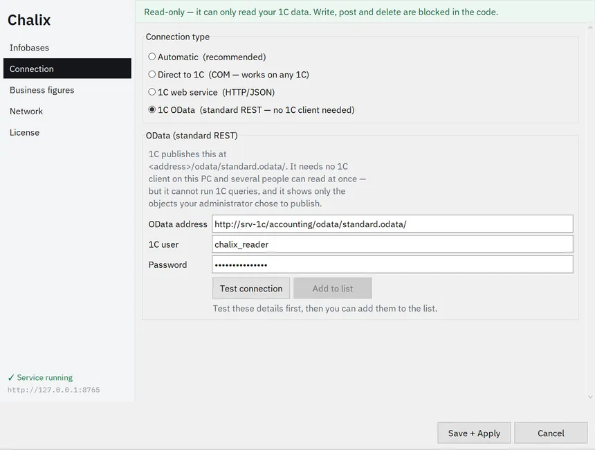 Окно Chalix, раздел Connection: выбран тип «1C OData», заполнены OData address http://srv-1c/accounting/odata/standard.odata/, 1C user chalix_reader и Password; кнопка Add to list неактивна до Test connection.